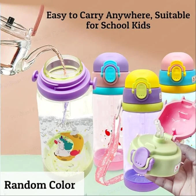 Cute Super Unicorn Sippy Cup Plastic Water Bottle with Straw & Strap For Kids - 600ml - Multicolor