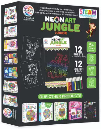Ratnas Neon Art Jungle Junior Diy Painting Kit with 12 Sheets - Multicolor