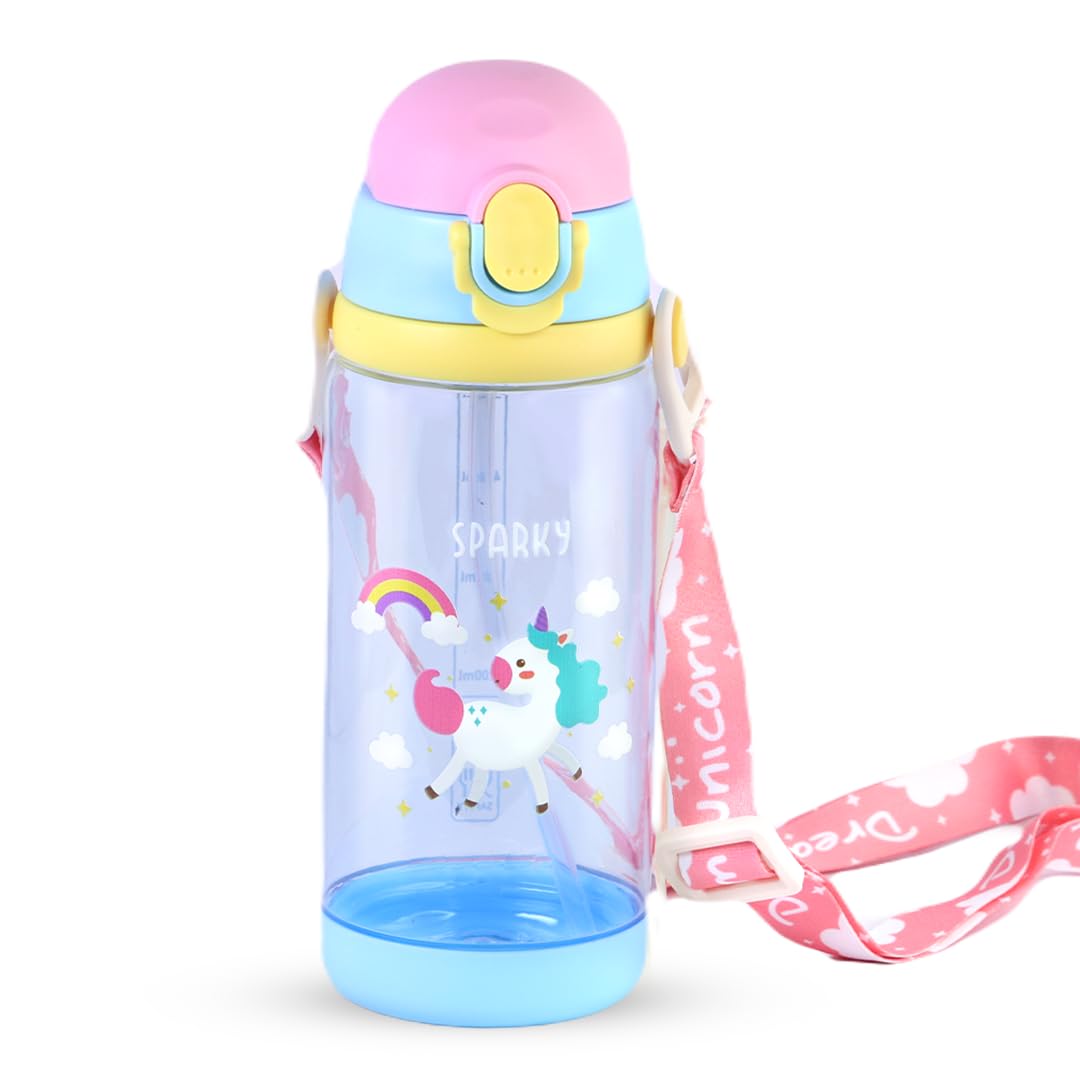 Cute Super Unicorn Sippy Cup Plastic Water Bottle with Straw & Strap For Kids - 600ml - Multicolor