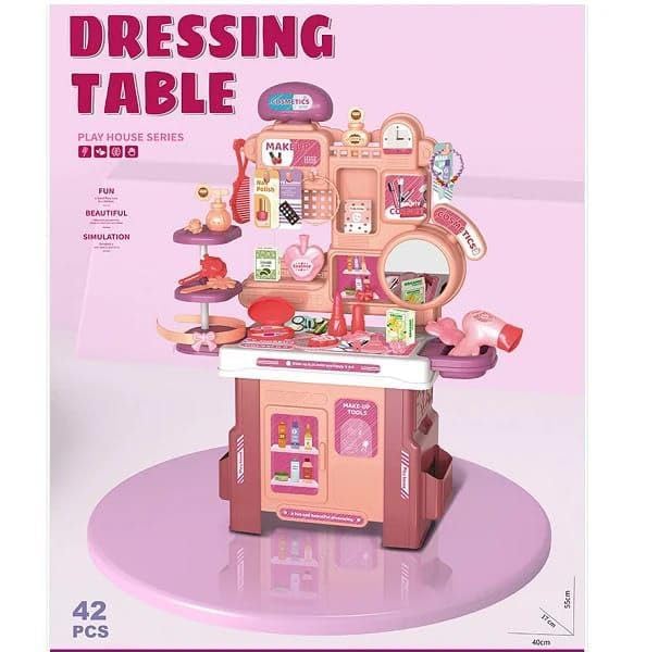 Kids Vanity Table Set 42-Piece | Pretend Play Makeup & Fashion Salon Toy | Beauty Dressing Table with Mirror, Stool & Accessories for Girls - Princess Role Play Beauty Kit