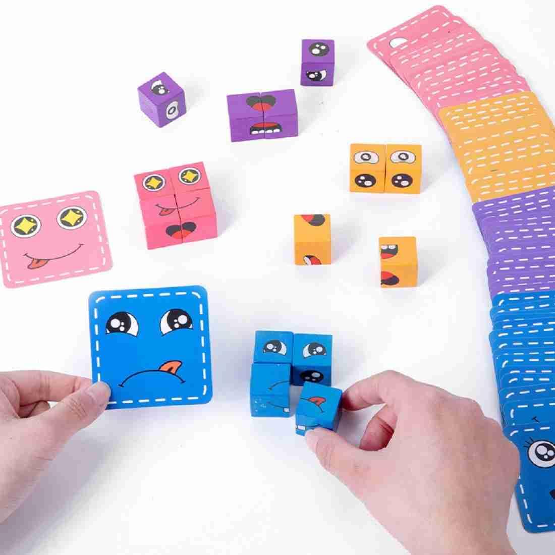 Wooden Magic Face-Changing Cube Puzzle for Kids 3+ years.This Matching Toy comes with 16 Cubes, 64 Challenge Cards & a single box, and an instructional manual | Family Board Games for Kids