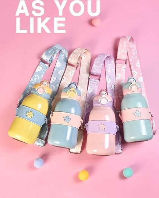 Hot & Cold Double Walled Thermos Flask Vacuum Insulated Stainless Steel Water Bottle for Kids with Straw (490ml)