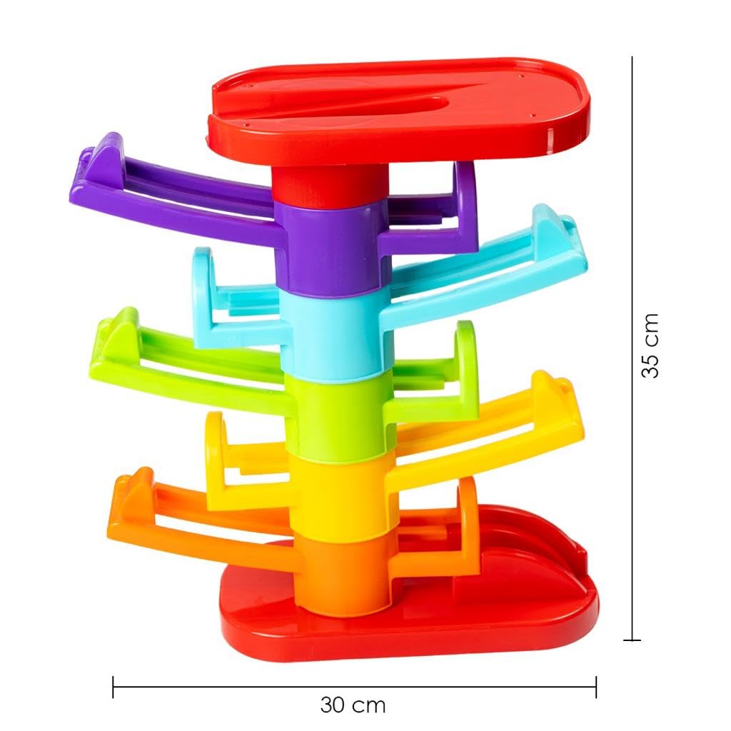 Ratna's 2 in 1 Zoom & Boom Track Car Ramp - 5 Layer Ball Drop & Roll Swirling Tower Toy Set