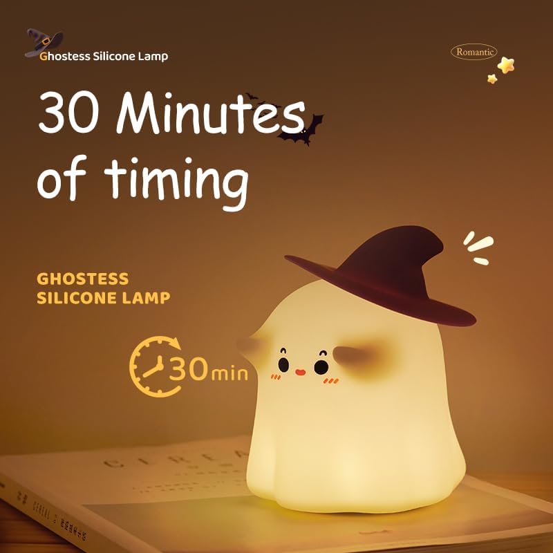 Halloween Ghost Night Light Squishy Silicone | 3-Level Dimmable LED Rechargeable Touch Lamp with Timer Function for Bedroom & Office