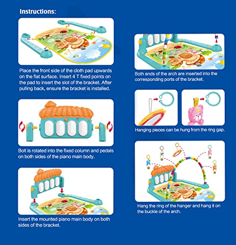 Baby Gym Play Mat, Kick and Play Piano Gym, Musical Activity Center with Cute Hanging Toys For Kids - Multicolor
