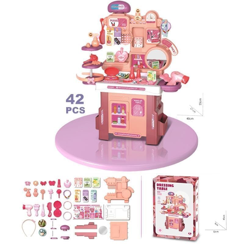 Kids Vanity Set | Pretend Makeup & Beauty Salon Playset | Fun Roleplay Toy for Girls | Dressing Table with Accessories | 42 Pcs