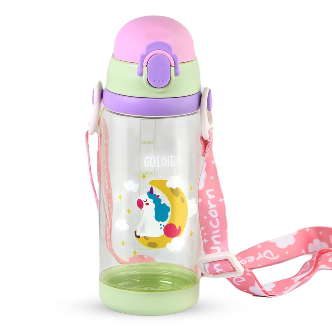 Cute Super Unicorn Sippy Cup Plastic Water Bottle with Straw & Strap For Kids - 600ml - Multicolor