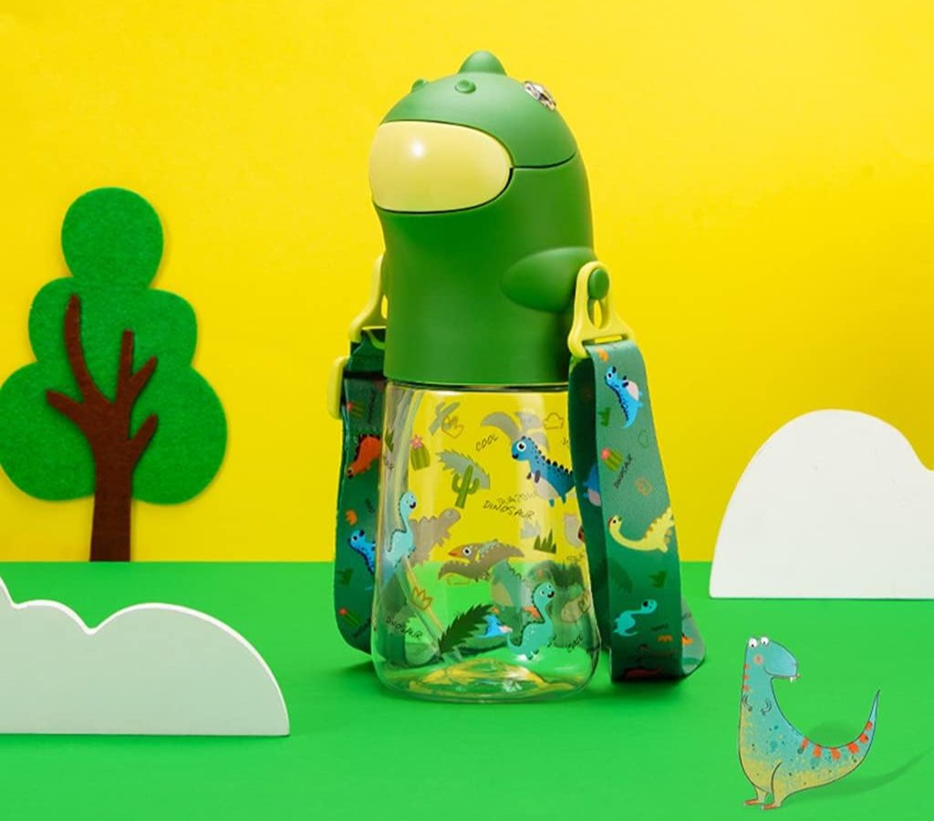 Cartoon Dinosaur Kids Water Bottle with Straw Shoulder Strap School Kettle 560ml