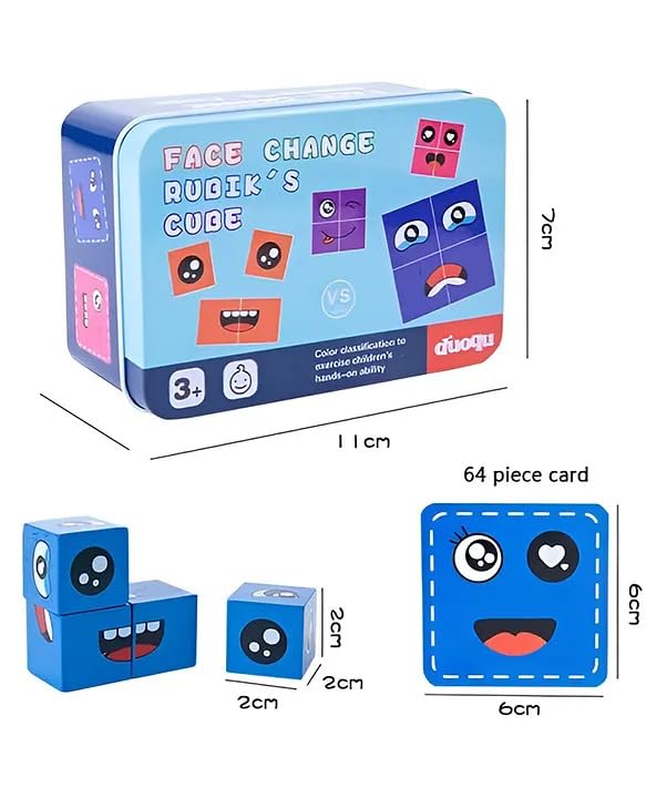 Kids Face Changing Magic Cube Puzzle for Kids, Rubik’s Cube Face Expression Toy, 16 Wooden Puzzles and 72 Playing Cards Expression Matching Emoji Educational Toy