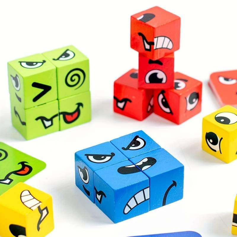Wooden Magic Face-Changing Cube Puzzle for Kids 3+ years.This Matching Toy comes with 16 Cubes, 64 Challenge Cards & a single box, and an instructional manual | Family Board Games for Kids