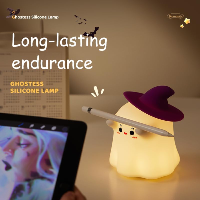 Halloween Ghost Night Light Squishy Silicone | 3-Level Dimmable LED Rechargeable Touch Lamp with Timer Function for Bedroom & Office