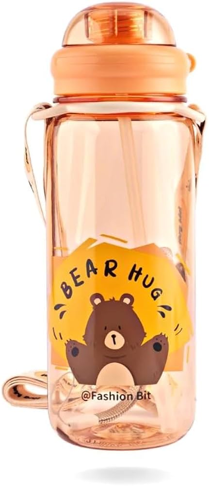 Cute Water Bottle for Kids – Cartoon Animal Design Sipper Bottle with Straw & Adjustable Strap | 520ml