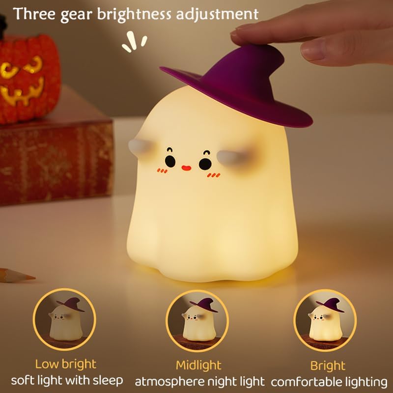 Halloween Ghost Night Light Squishy Silicone | 3-Level Dimmable LED Rechargeable Touch Lamp with Timer Function for Bedroom & Office