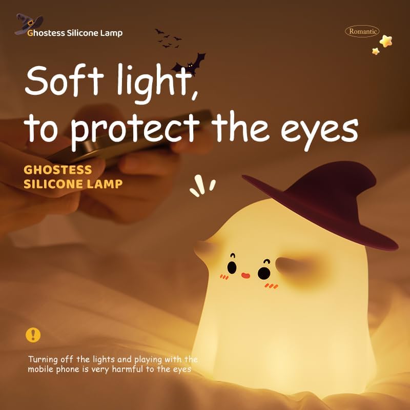 Halloween Ghost Night Light Squishy Silicone | 3-Level Dimmable LED Rechargeable Touch Lamp with Timer Function for Bedroom & Office