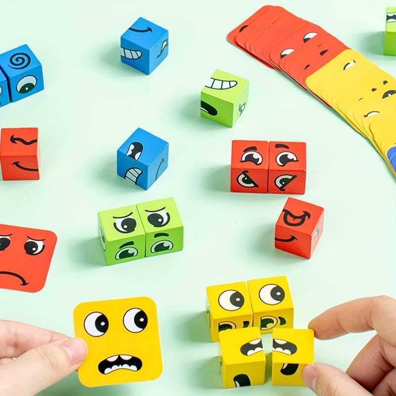 Wooden Magic Face-Changing Cube Puzzle for Kids 3+ years.This Matching Toy comes with 16 Cubes, 64 Challenge Cards & a single box, and an instructional manual | Family Board Games for Kids