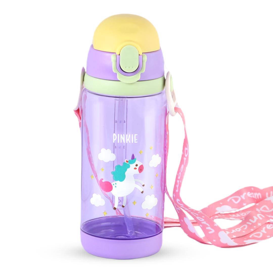 Cute Super Unicorn Sippy Cup Plastic Water Bottle with Straw & Strap For Kids - 600ml - Multicolor