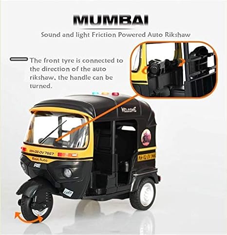 Friction Powered Mumbai Auto Rickshaw Toy with Light and Sound for Kids - Multicolor
