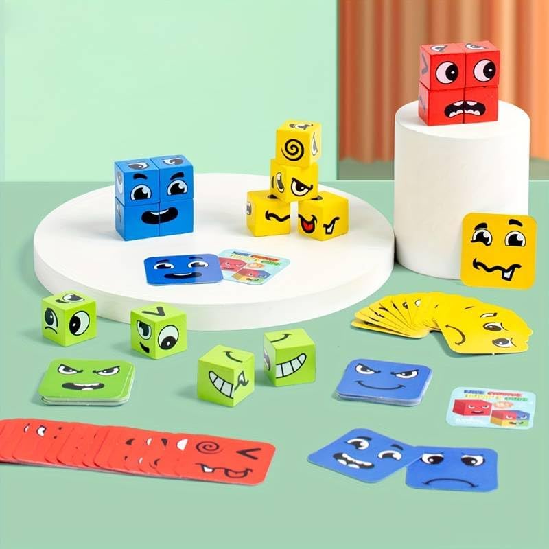 Wooden Magic Face-Changing Cube Puzzle for Kids 3+ years.This Matching Toy comes with 16 Cubes, 64 Challenge Cards & a single box, and an instructional manual | Family Board Games for Kids