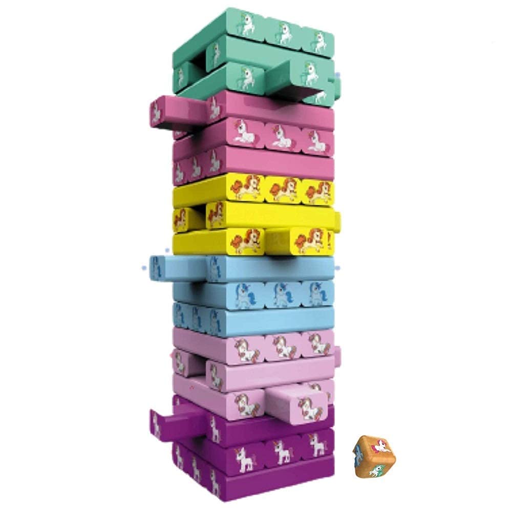 Wooden Unicorn/Dinosaur Tower Game: Tumbling Blocks Set with 54 Pieces