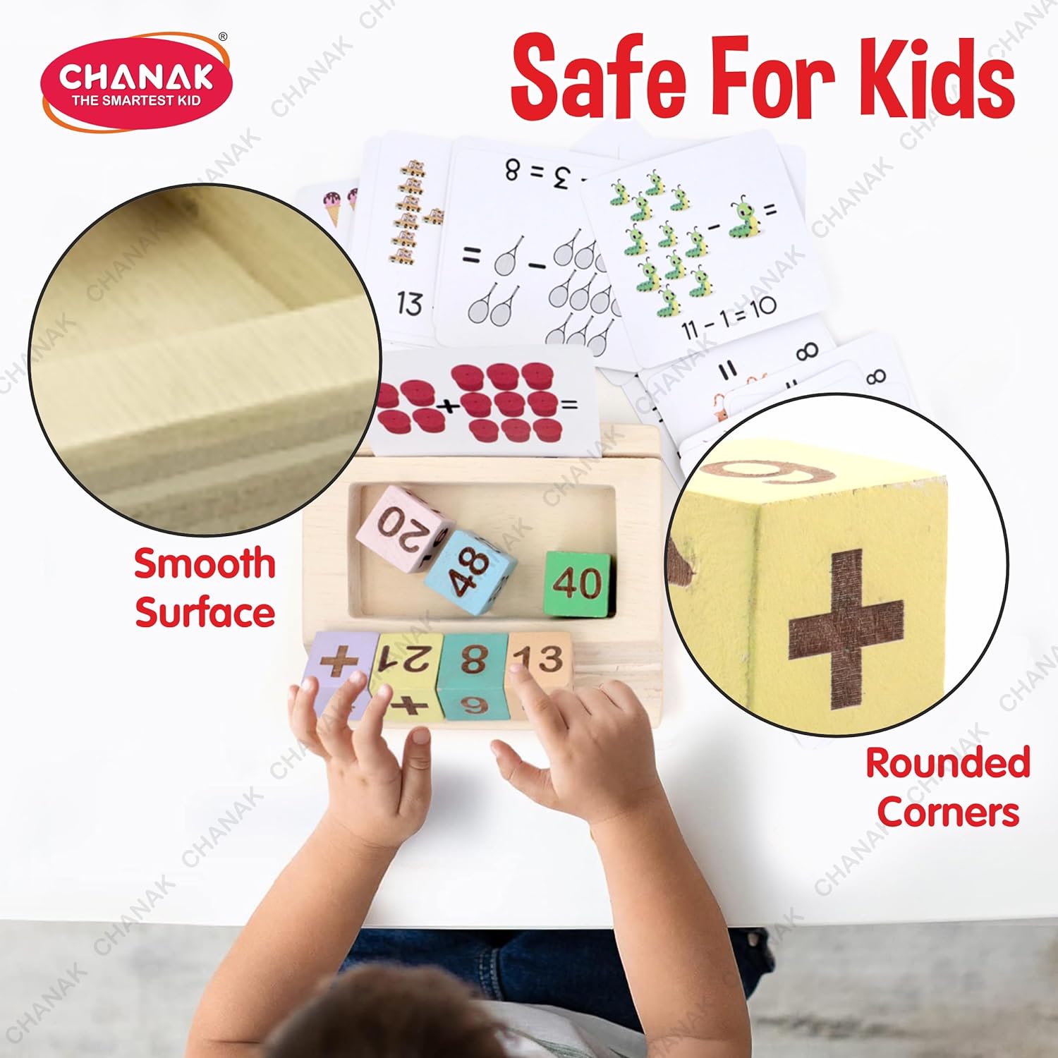 Chanak Wooden MathTime for Kids, Educational Math Card Game with Wooden Block & Flashcards - Multicolor