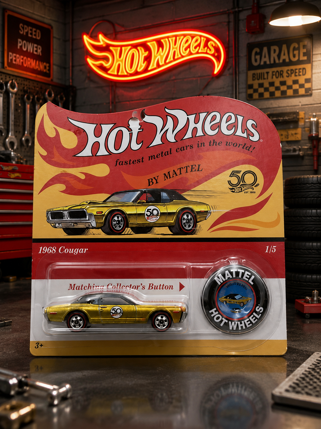 Hot Wheels Imported Premium - 1968 Cougar - Matching Collector's Button - 1/5 - Slight Blister Cracked