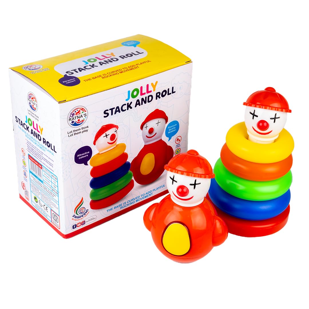 Ratna's Jolly Stack & Roll Joker Face 2 in 1 Set of Stacking Rings & Roly Poly Rattling Toys for Toddlers and Preschoolers