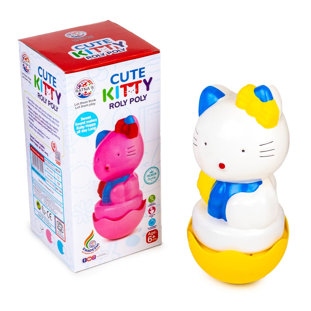 Ratna's Cute Kitty Roly Poly Push and Shake Wobbling Bell Sounds Musical Rattle Toy for Babies & Toddlers