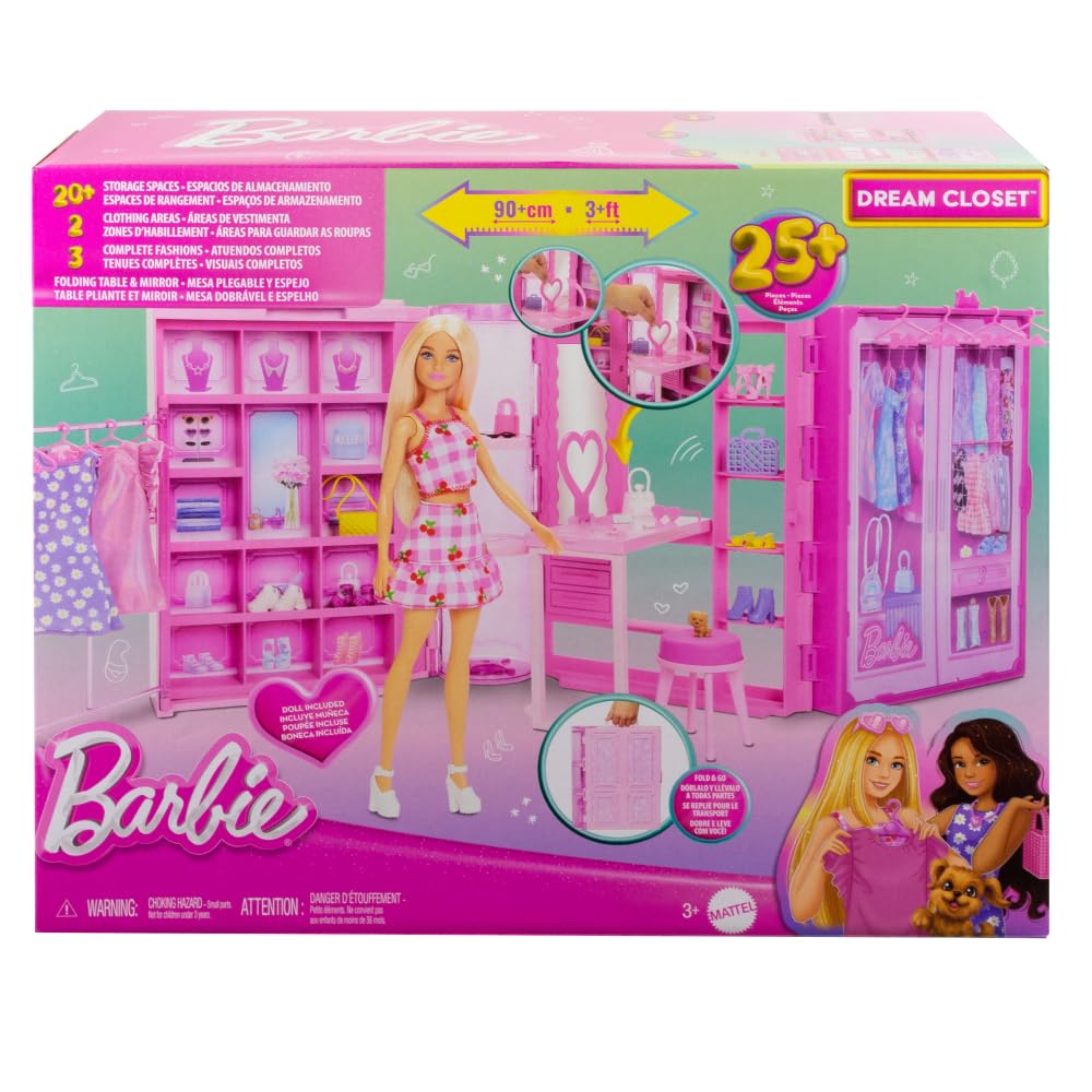 Barbie HXD58 Dream Wardrobe Toy Playset with Blonde Fashion Doll, Fashions and Accessories, Just Under 1 m Wide with More Than 25 Pieces, 3 Complete Looks, 3 Complete Looks