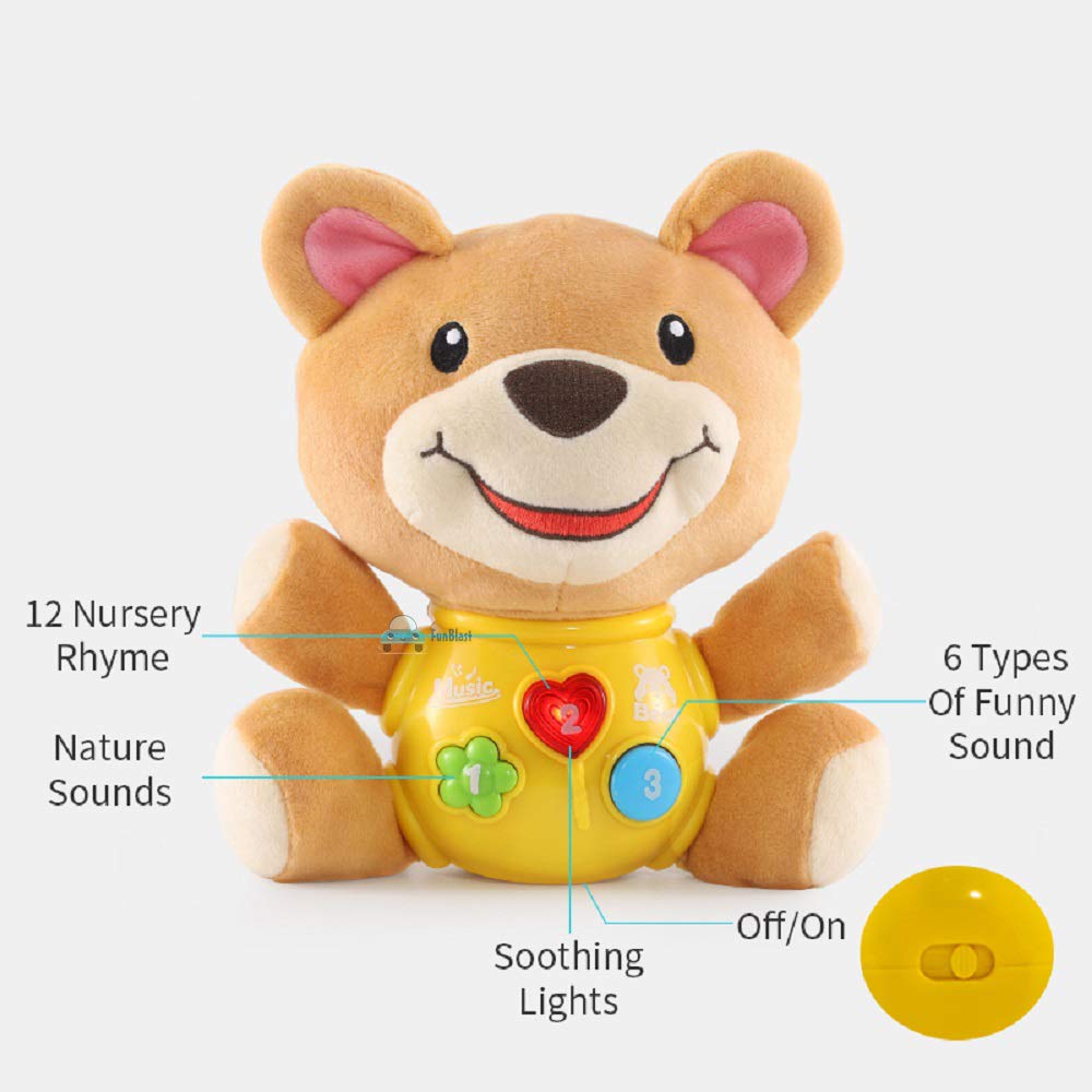 Musical Bear, Elephant & Monkey Baby Toys for Kids – LED Lights, Early Learning, Battery Operated Animal Figure Soft Toys