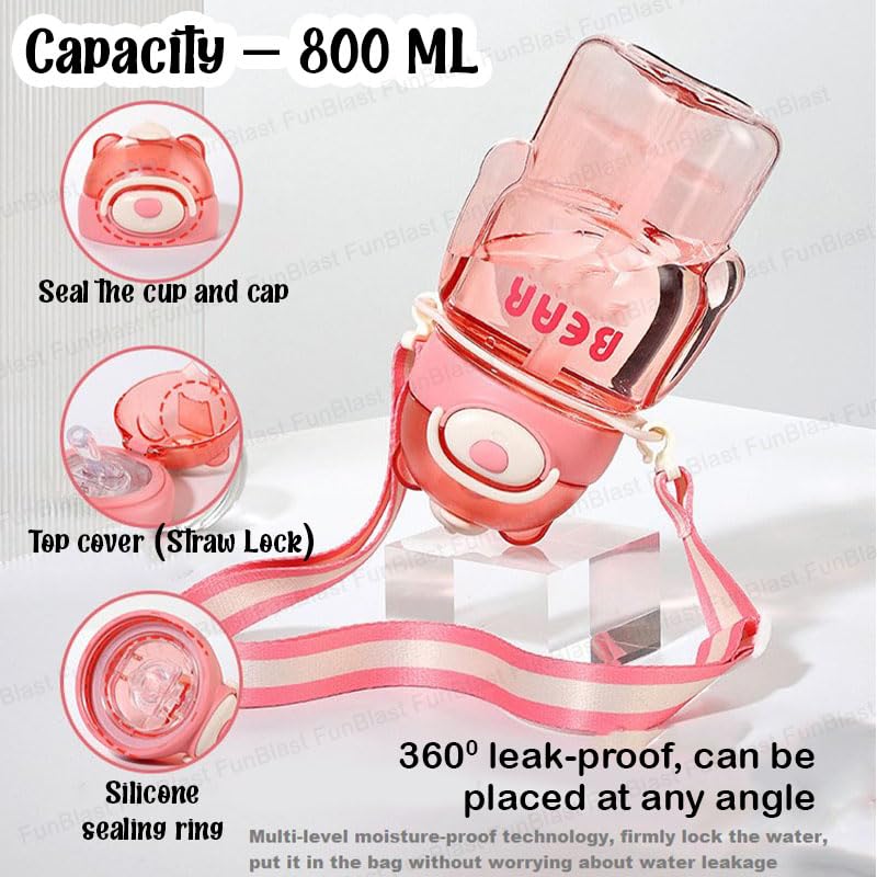 Water Bottle for Kids, Animal Theme Bottle for Kids, 800 ML Cute Design Water Bottle with Sipper and Strap, Anti-leak Cartoon Kids Water Bottle for Kids