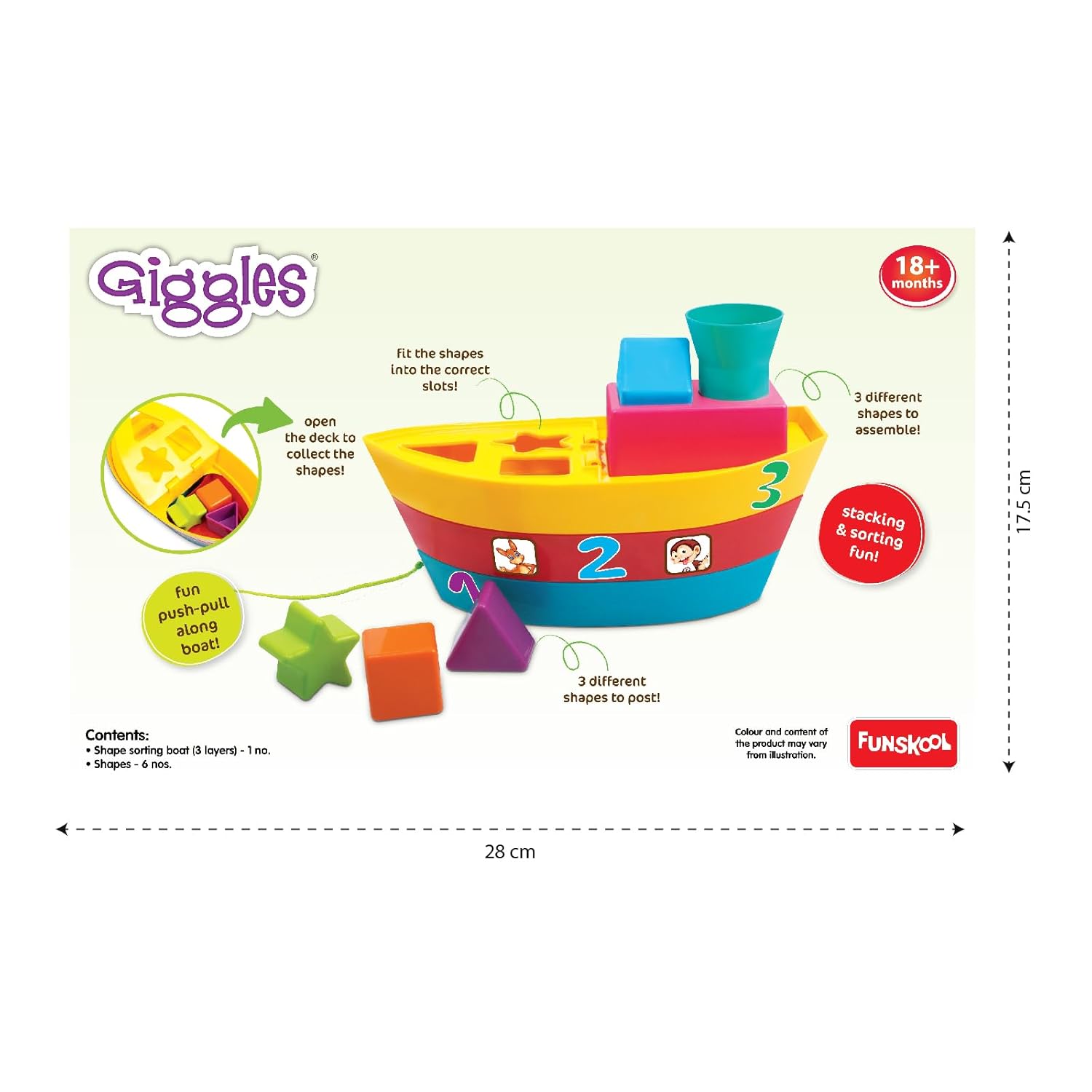 Giggles Funskool - Stack A Boat, 2 In 1 Pull Along Toy, Walking, Shape Sorting, Pretend Play, Multicolour