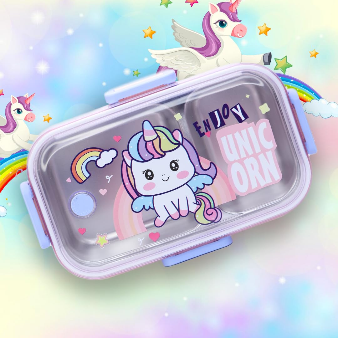 Lunch Box with Inner Stainless Steel 2 Compartment & Assorted Theme Eye Catchy Print Food Grade, Leakproof, Vacuum Seal Design Use for School Kids & Outdoor- 750ml | Assorted