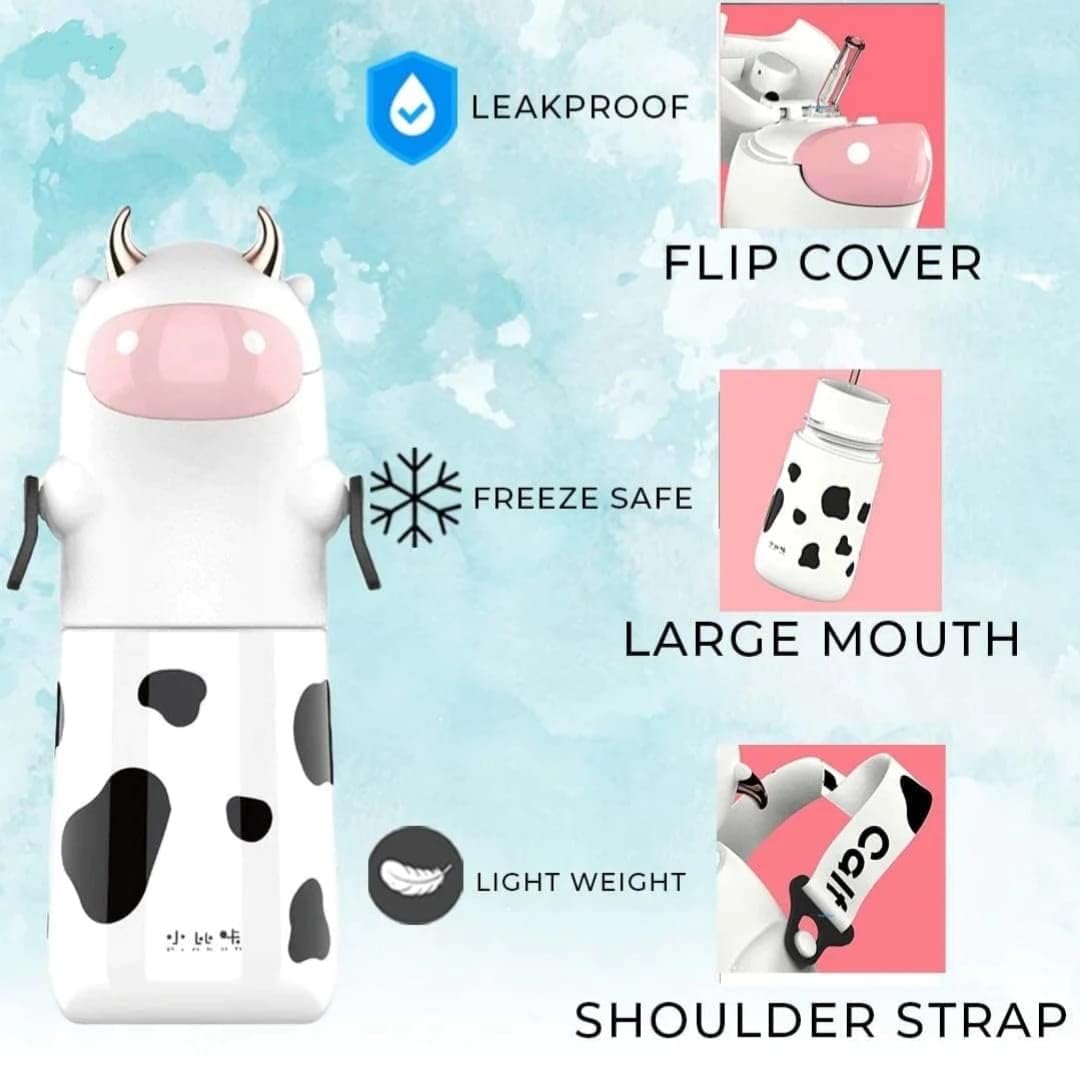 Cute Water Bottle Cartoon Design Anti-Leak Water Bottle for Girls, Stylish Water Bottle with Sipper, School Water Bottle for Cow Lover 560ml