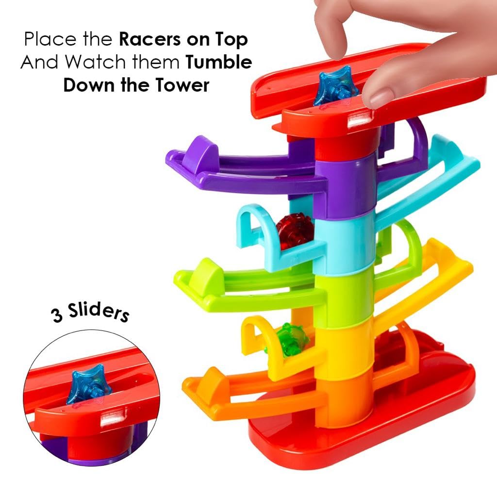 Ratna's 2 in 1 Zoom & Boom Track Car Ramp - 5 Layer Ball Drop & Roll Swirling Tower Toy Set