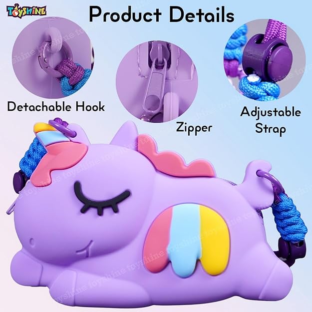 Unicorn Shape Silicone Purse for Girls Stylish Cross Body Bag with Adjustable Strap with Compact Mirror, Comb and Keychain Included