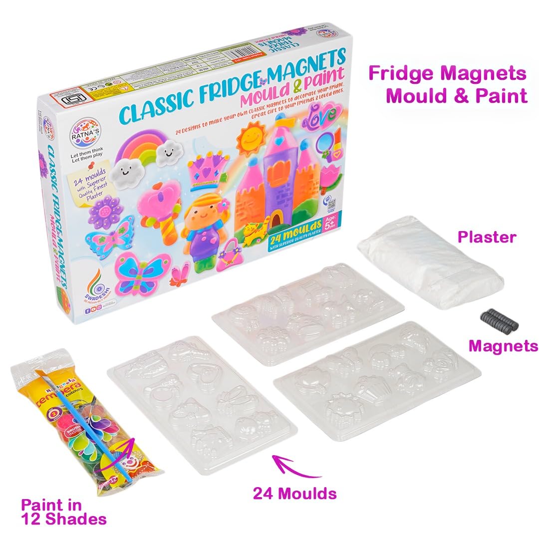 Ratna's Classic Fridge Magnets Mould & Paint Senior DIY Kit - Create 24 Adorable Plaster Fridge Magnets & Badges - Fun Craft Activity for Kids & Adults