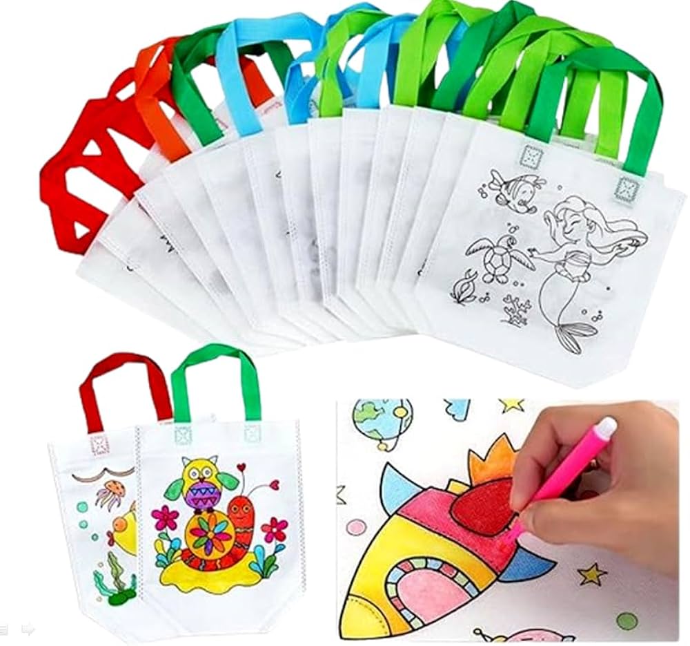 DIY Return Gift Bags for Kids Birthday Party – Set of 12 Reusable Graffiti Colouring Bags | Eco-Friendly Party | Birthday Return Gifts for Kids | Assorted Designs