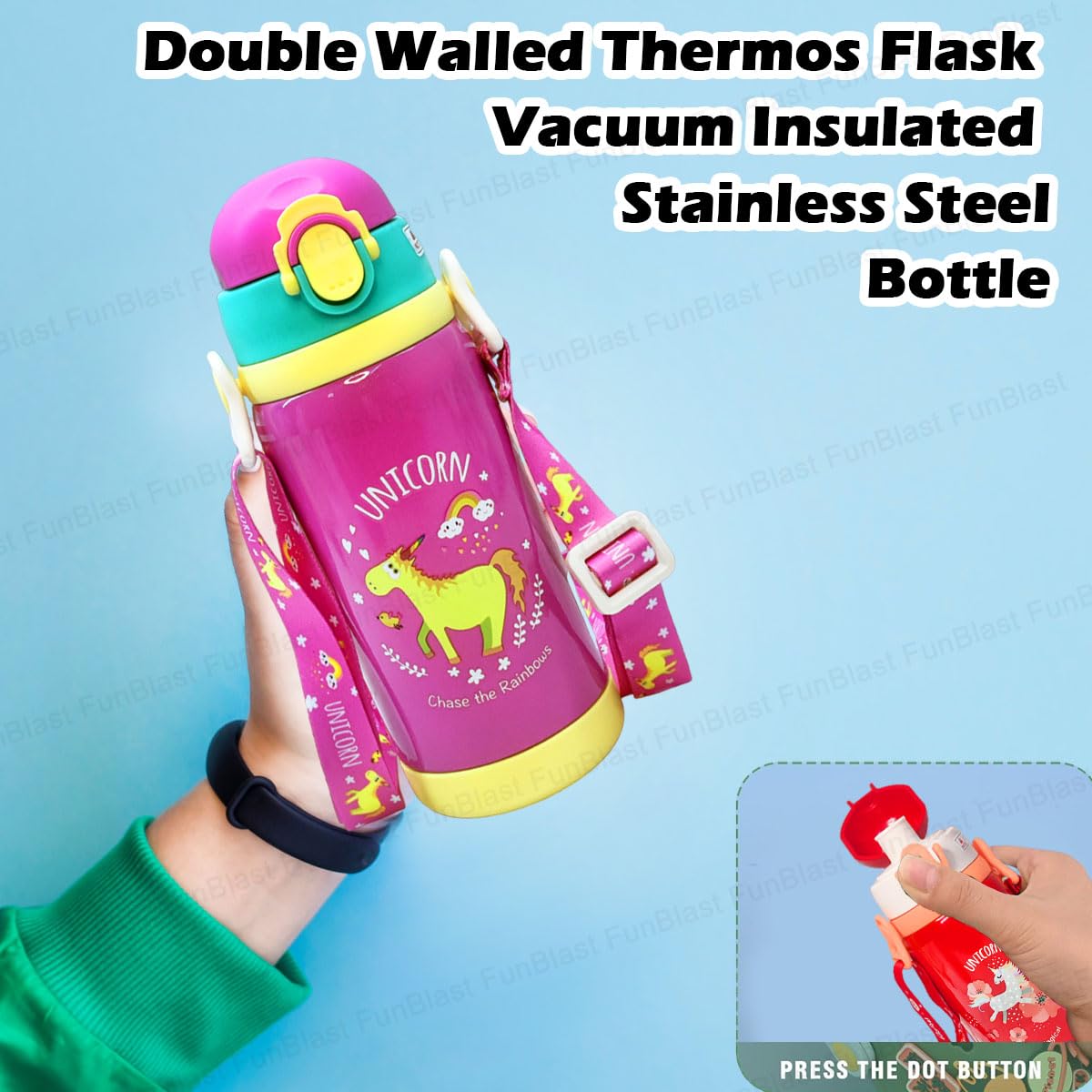 Unicorn Theme Hot & Cold Water Bottle for Kids – Double Walled Thermos Flask Vacuum Insulated Stainless Steel Bottle – Dual Cap Bottle with Straw & Wide Mouth Cap (450 ML)