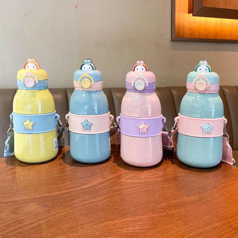 Hot & Cold Double Walled Thermos Flask Vacuum Insulated Stainless Steel Water Bottle for Kids with Straw (490ml)