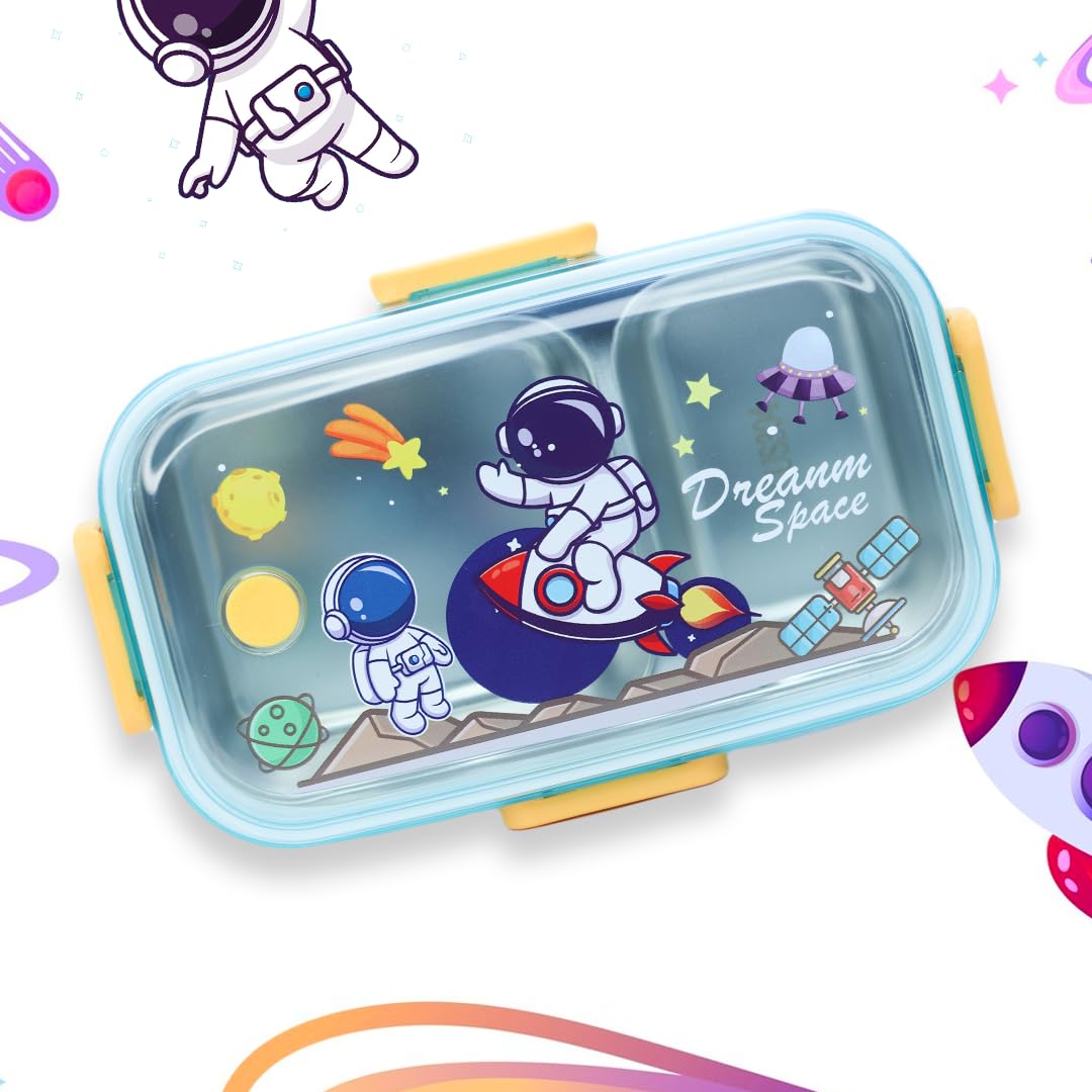 Lunch Box with Inner Stainless Steel 2 Compartment & Assorted Theme Eye Catchy Print Food Grade, Leakproof, Vacuum Seal Design Use for School Kids & Outdoor- 750ml | Assorted