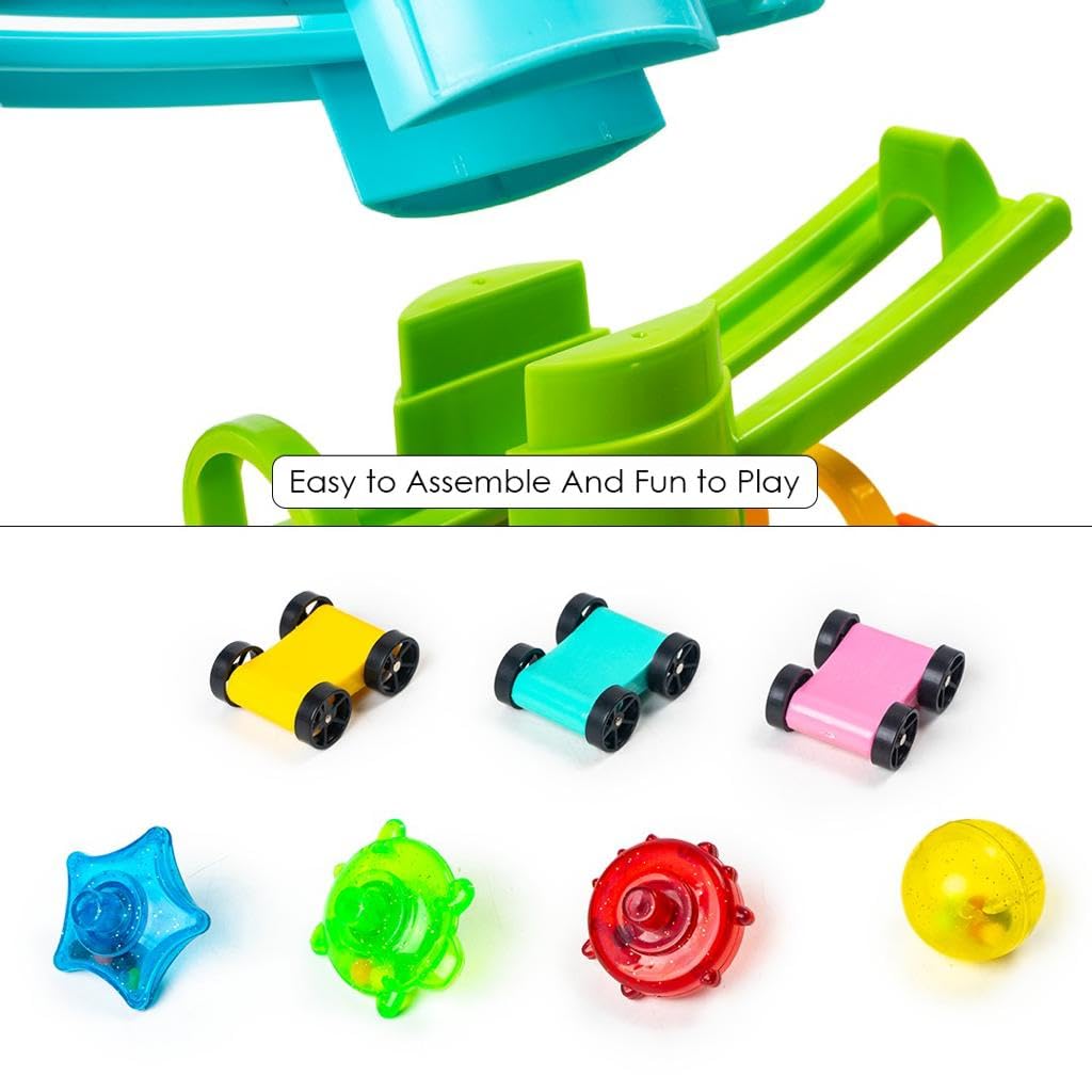 Ratna's 2 in 1 Zoom & Boom Track Car Ramp - 5 Layer Ball Drop & Roll Swirling Tower Toy Set