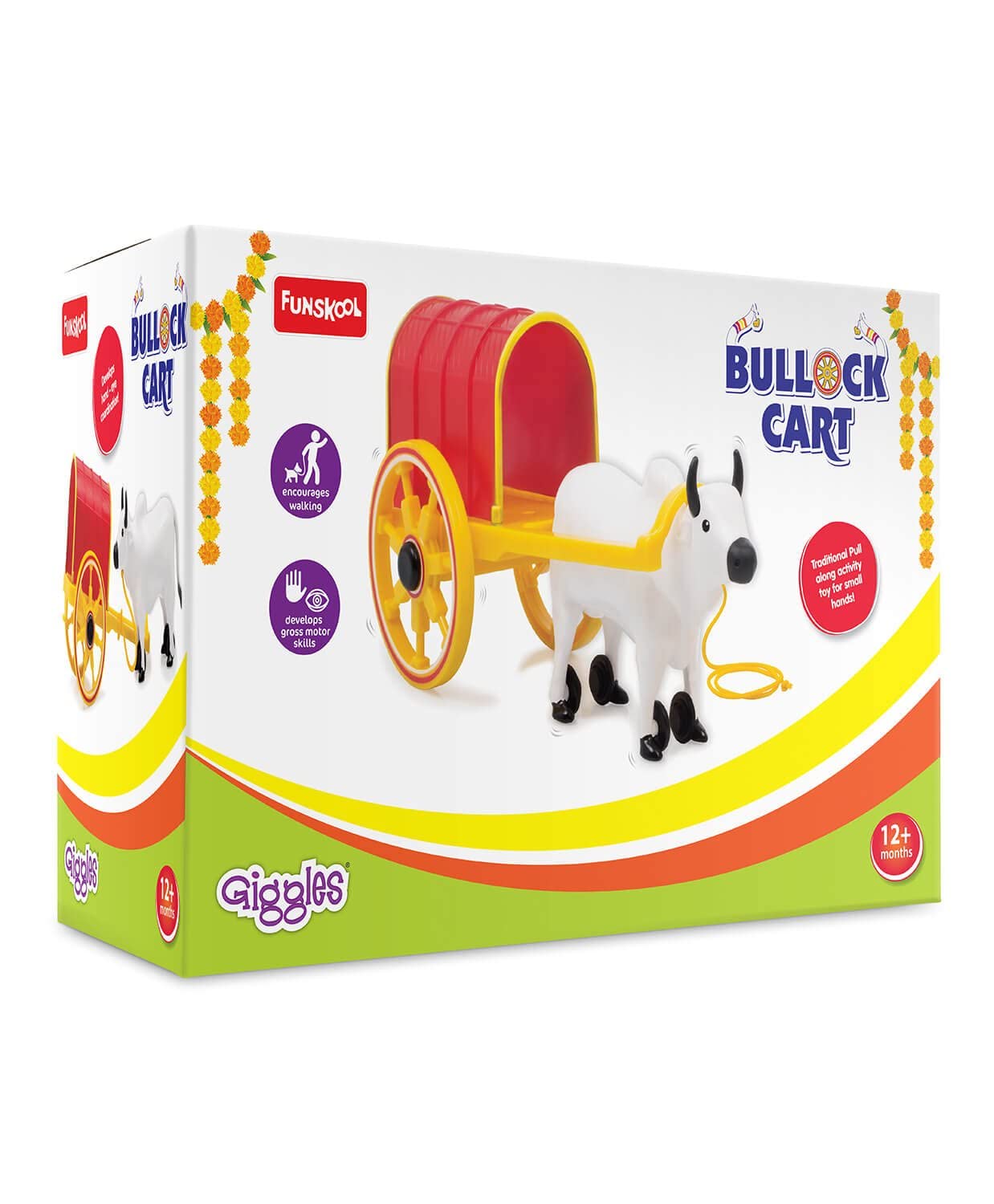 Funskool Giggles - Bullock Cart, Pull String Toy, Toys for Kids, Pull Along Toy, Encourages Walking, Pretend Play, Colors, 12 Months & Above, Infant and Preschool Toys