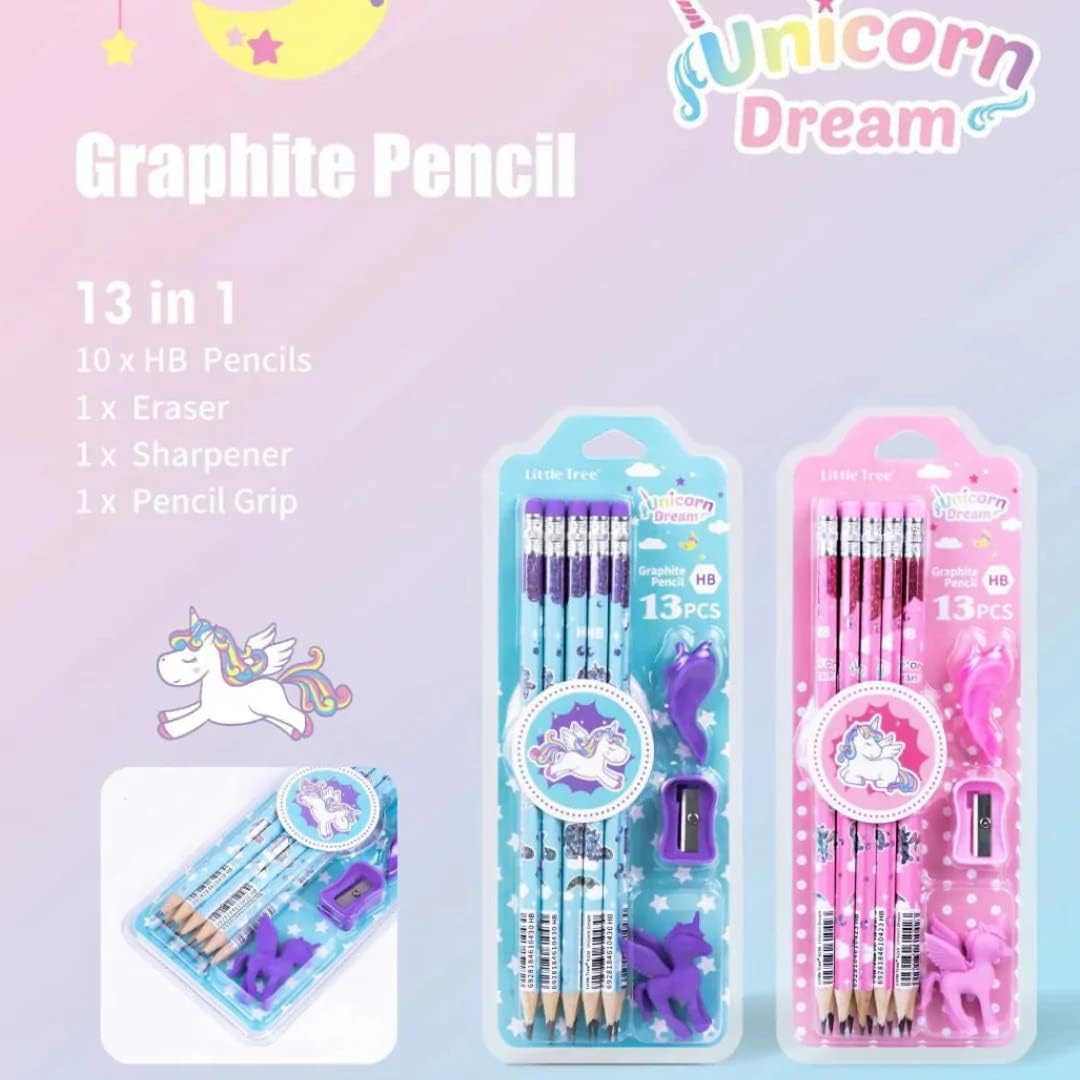 Unicorn Dream Stationery Set for Kids & Students – Includes 10 Pencils, 1 Sharpener, 1 Eraser, 1 Pencil Grip