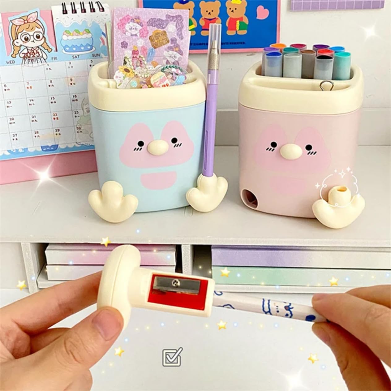 Cartoon Penguin Desk Pen Stand – 2 Section Storage with Sharpener & Pen Holder for Kids - Assorted