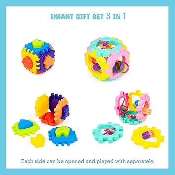 Ratna's 3 in 1 Infants Gift Set Containing Hammer Ball, Cubic Rattle & Nursery Cube Montessori Toys For Kids - Multicolor