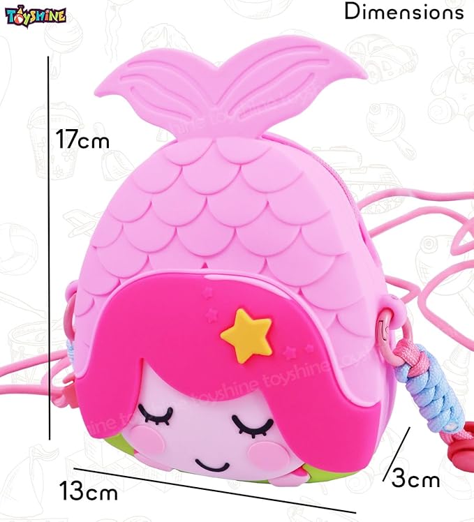 Mermaid Shape Silicone Purse for Girls Stylish Cross Body Bag with Adjustable Strap with Compact Mirror, Comb and Keychain Included - Pink