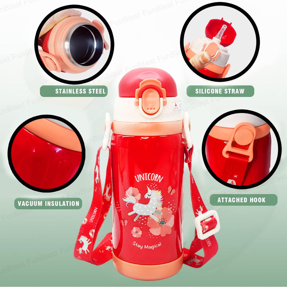 Unicorn Theme Hot & Cold Water Bottle for Kids – Double Walled Thermos Flask Vacuum Insulated Stainless Steel Bottle – Dual Cap Bottle with Straw & Wide Mouth Cap (450 ML)