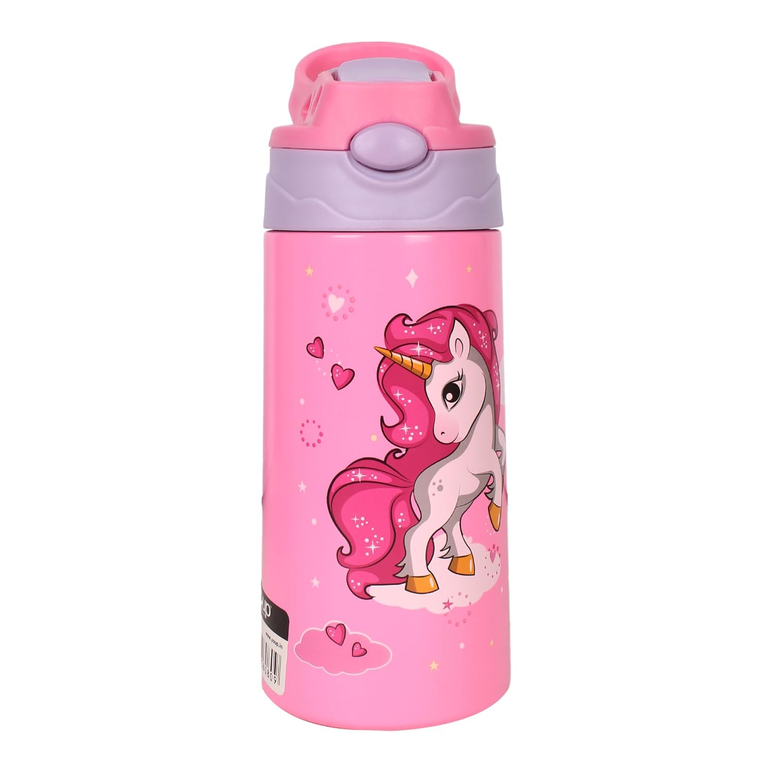 Youp Stainless Steel Insulated Purple Color Unicorn Theme Kids Anti-dust Sipper Bottle Tinkler - 400 ml