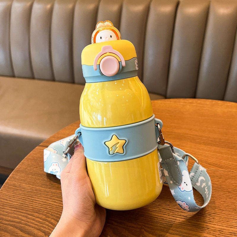 Hot & Cold Double Walled Thermos Flask Vacuum Insulated Stainless Steel Water Bottle for Kids with Straw (490ml)