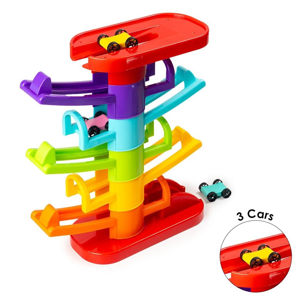 Ratna's 2 in 1 Zoom & Boom Track Car Ramp - 5 Layer Ball Drop & Roll Swirling Tower Toy Set